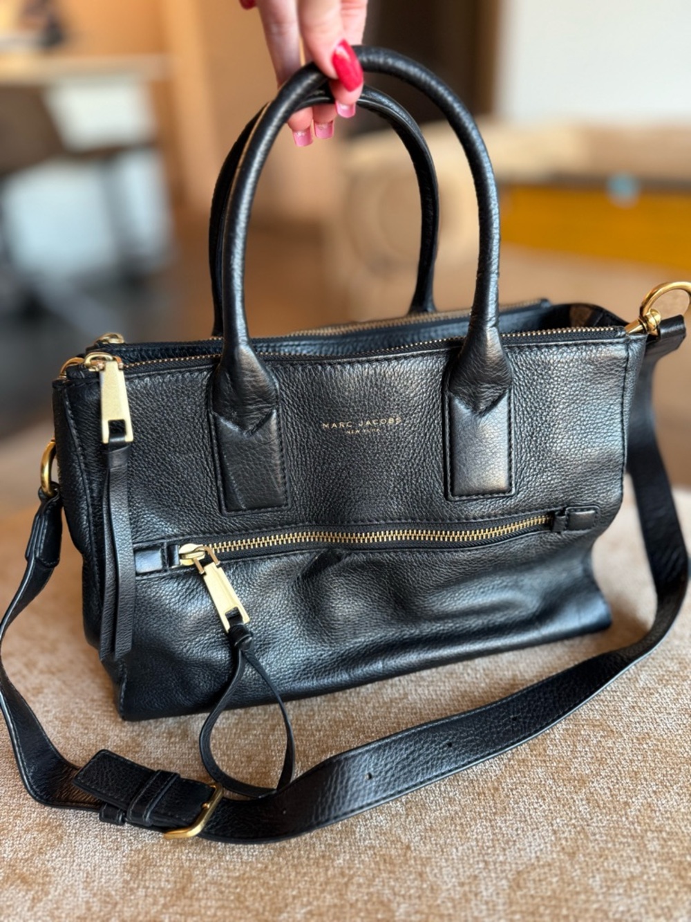 Marc Jacobs Black Pebbled Leather Satchel with Gold Hardware